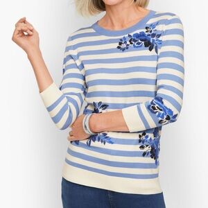 Talbots Soft Blue and White Striped Sweater with Floral Design